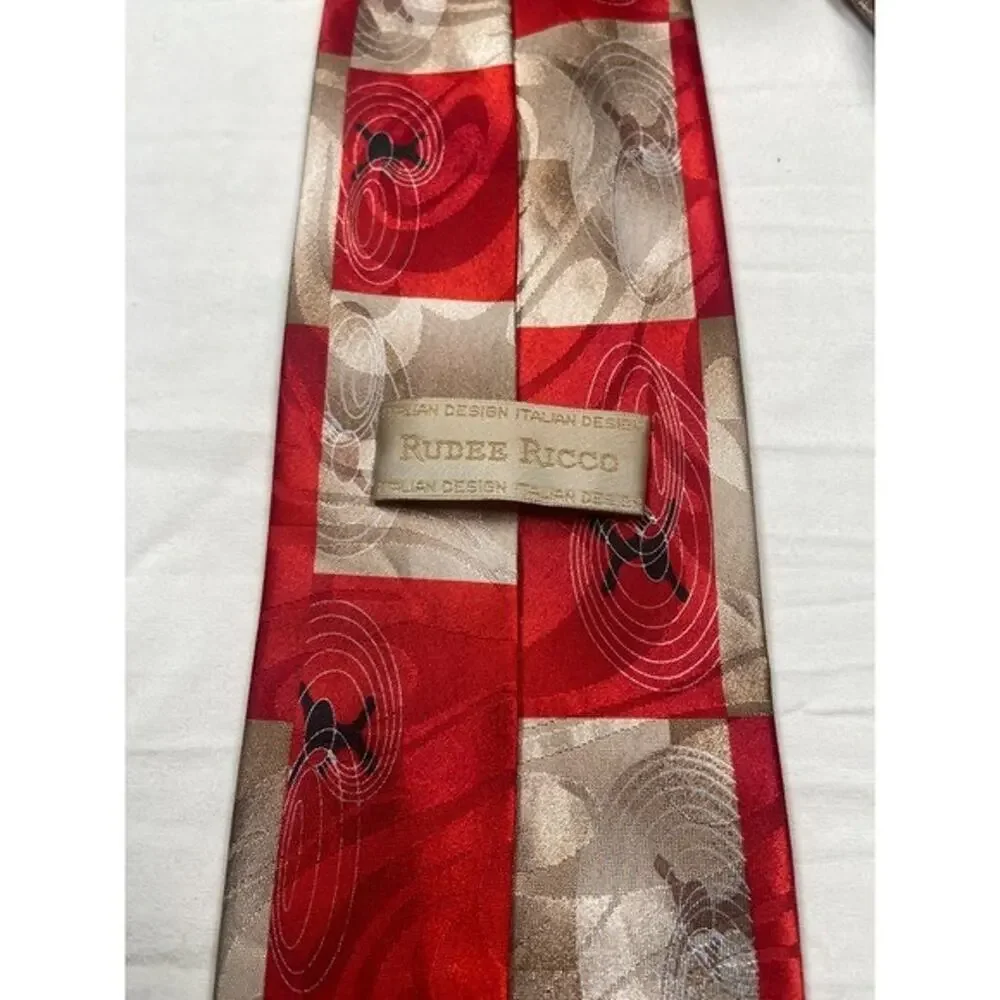 Rudee Ricco Italian Designer Tie – Red, Beige & Gold – 63